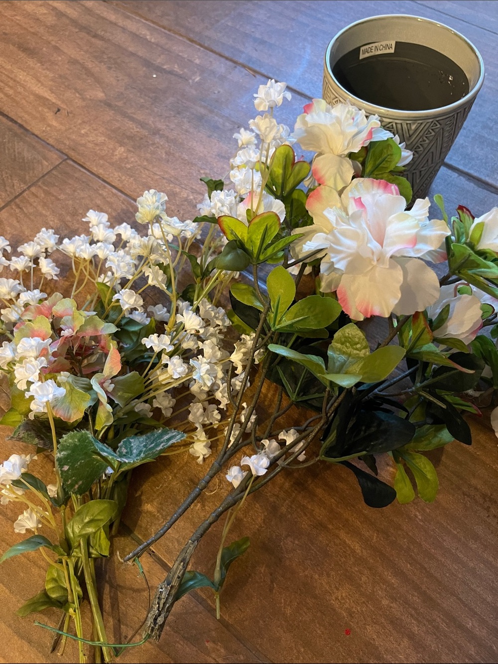 Pink & White Faux Floral Spray 13” Bouquet and a small 4”ceramic pot